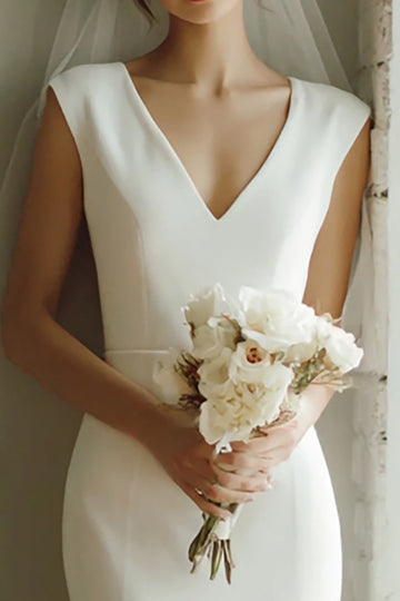 White Mermaid Satin V-Neck Midi Rehearsal Dinner Dress